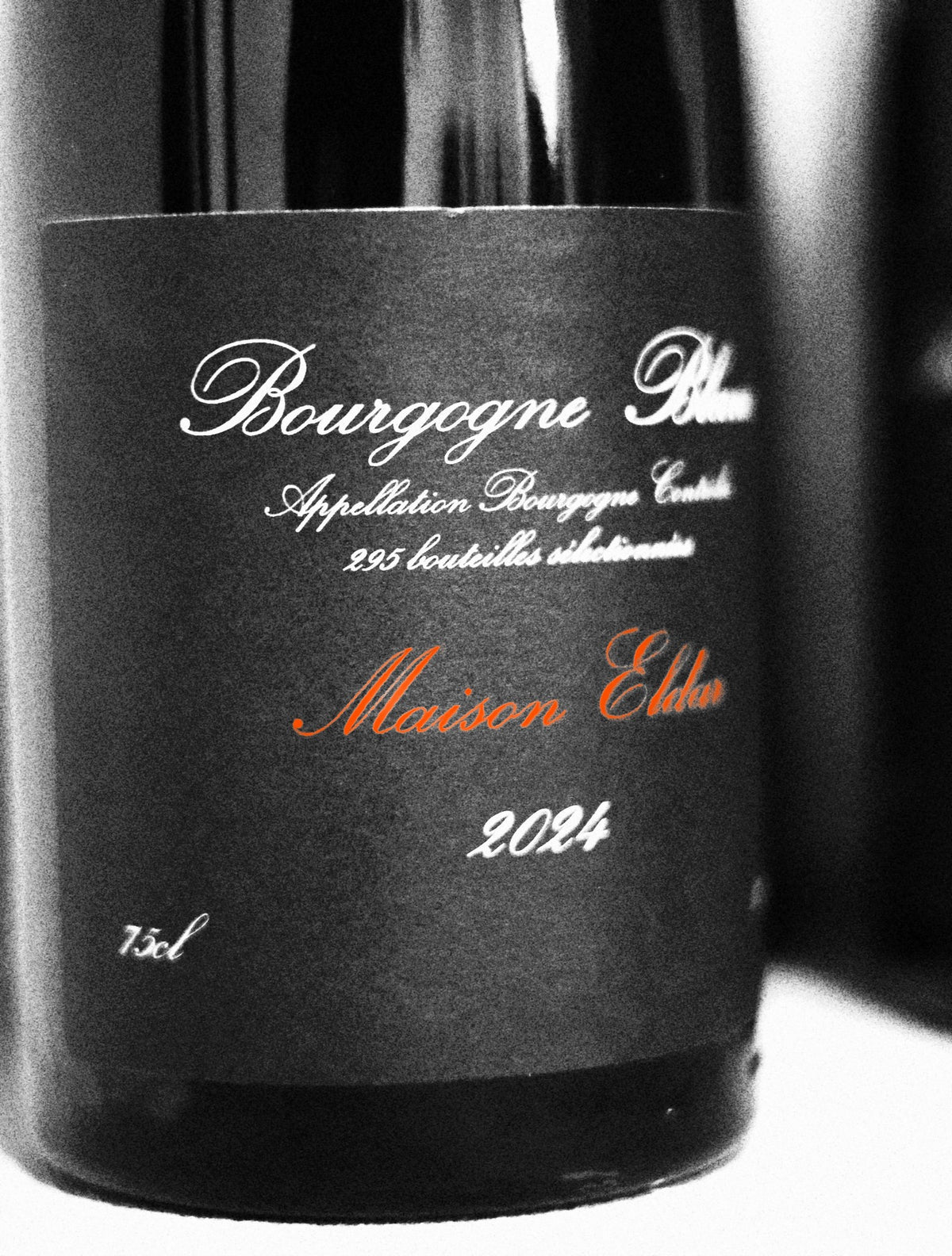 The label of the Maison Eldar Bourgogne Blanc 2024 up close, the name in orange