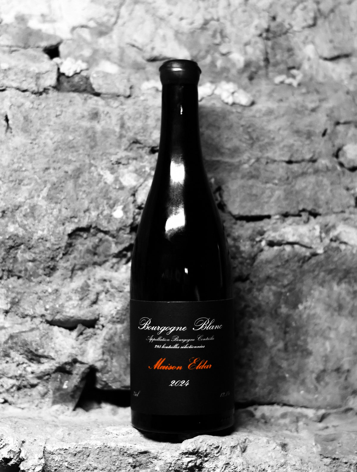 The bottle against a grey stone wall